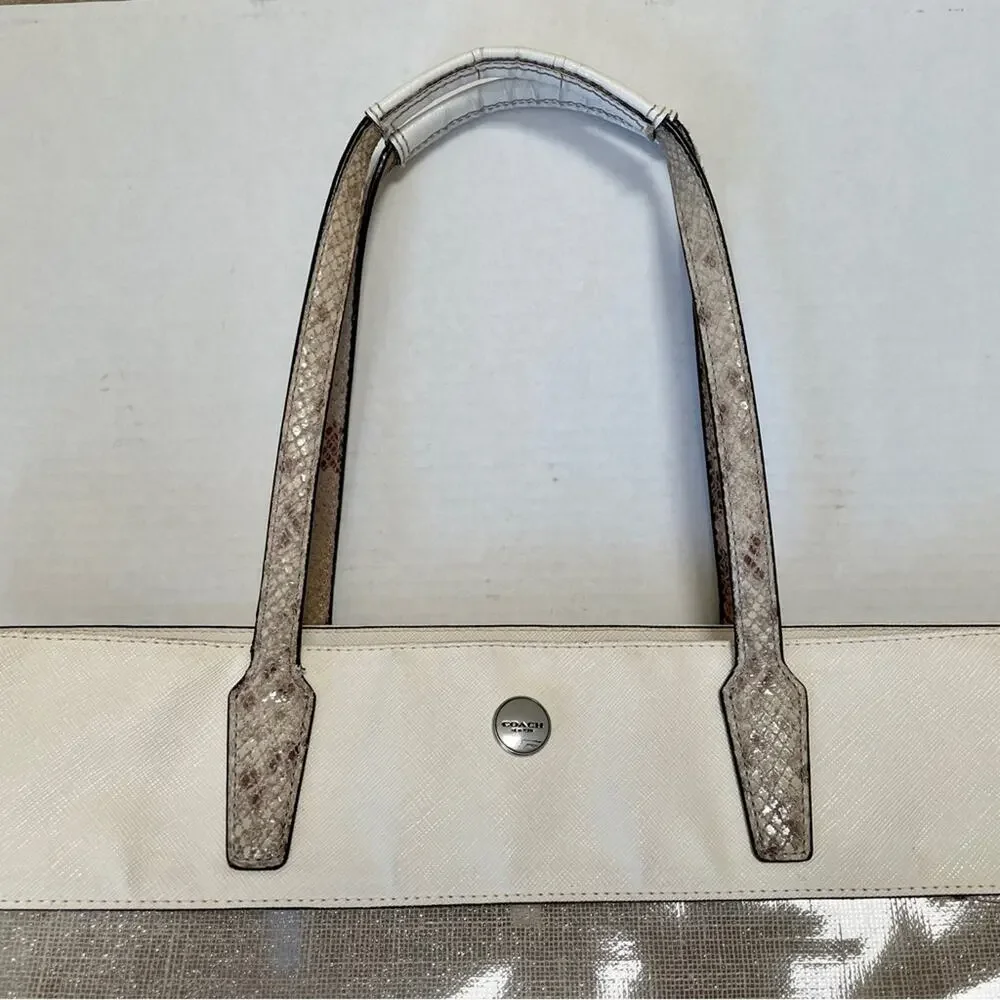 Coach Translucent Vinyl Burlap And White Leather Tote With Coin Purse